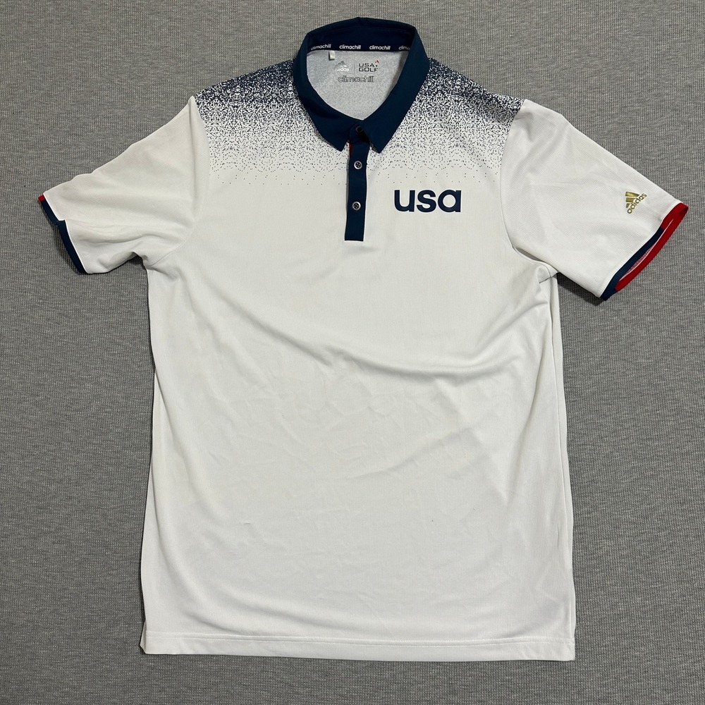 Adidas USA Golf Climachill Polo Shirt White Blue Speckle Gradient Olympic Mens L